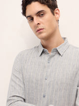 Men's Grey Casual Slim Fit Striped Full Sleeves Shirt