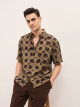 Men's Olive Casual Regular Fit Printed Half Sleeves Shirt