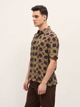 Men's Olive Casual Regular Fit Printed Half Sleeves Shirt