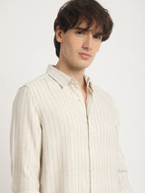 Men's Beige Casual Slim Fit Striped Full Sleeves Shirt