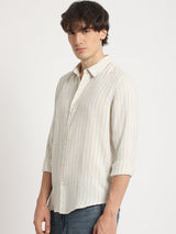 Men's Beige Casual Slim Fit Striped Full Sleeves Shirt
