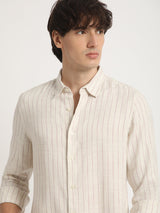 Men's Beige Casual Slim Fit Striped Full Sleeves Shirt