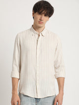 Men's Beige Casual Slim Fit Striped Full Sleeves Shirt