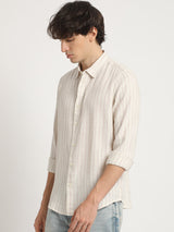 Men's Beige Casual Slim Fit Striped Full Sleeves Shirt