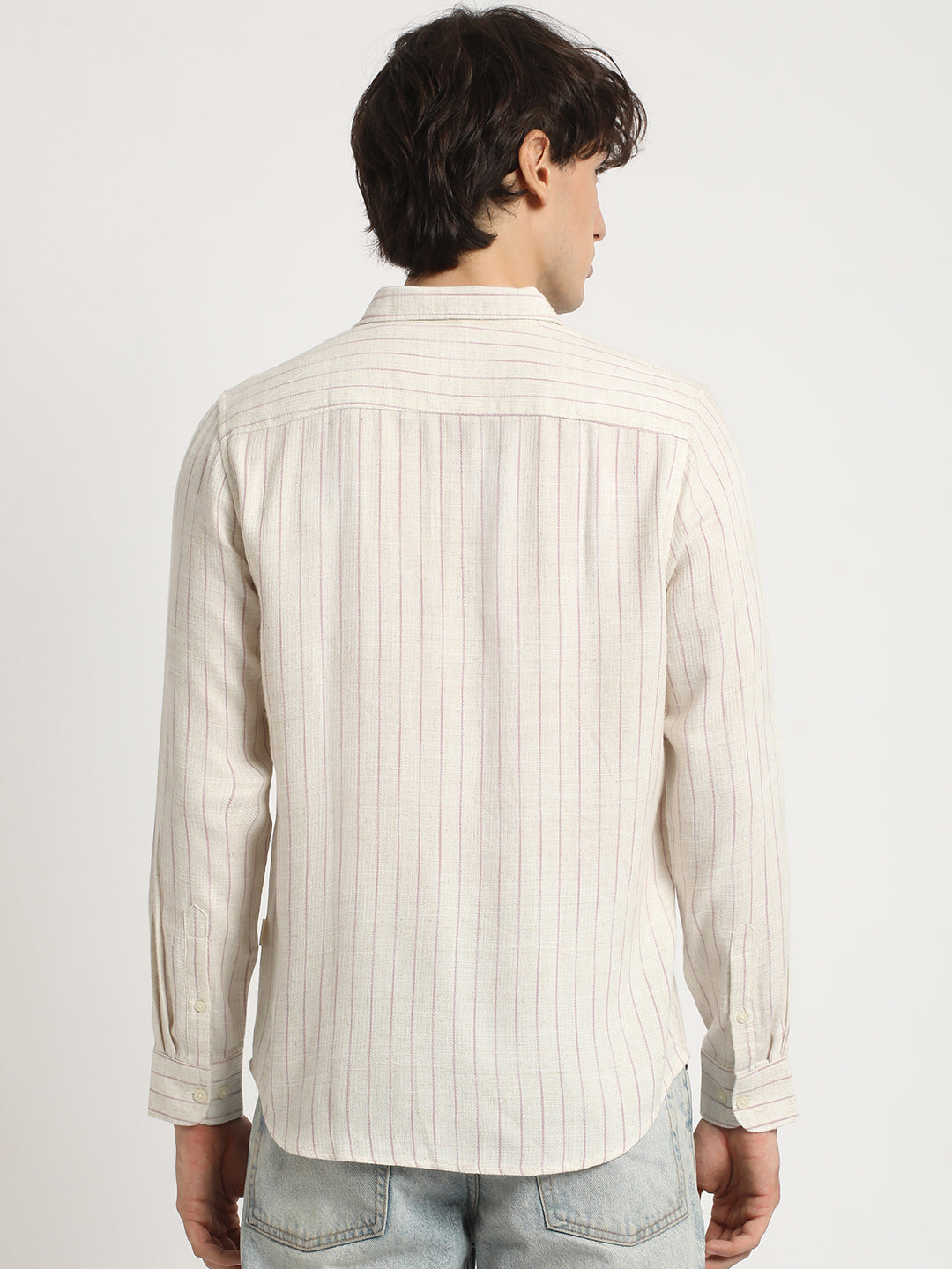 Men's Beige Casual Slim Fit Striped Full Sleeves Shirt