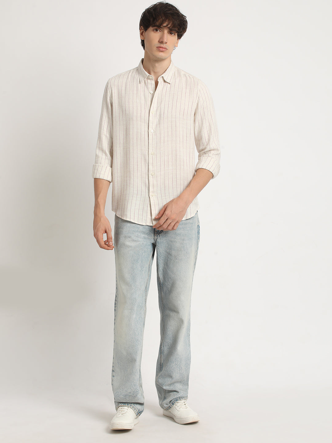 Men's Beige Casual Slim Fit Striped Full Sleeves Shirt