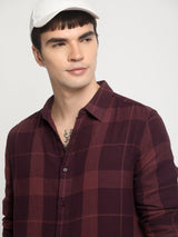 Men's Maroon Casual Slim Fit Checked Full Sleeves Shirt