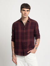 Men's Maroon Casual Slim Fit Checked Full Sleeves Shirt