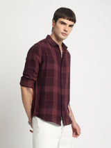 Men's Maroon Casual Slim Fit Checked Full Sleeves Shirt