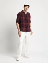 Men's Maroon Casual Slim Fit Checked Full Sleeves Shirt