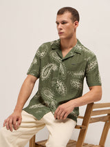Men's Green Casual Printed Regular Fit Half Sleeves Shirt