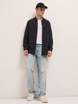 Men's Black Horizontal Stripe Slim Fit Casual Shirt