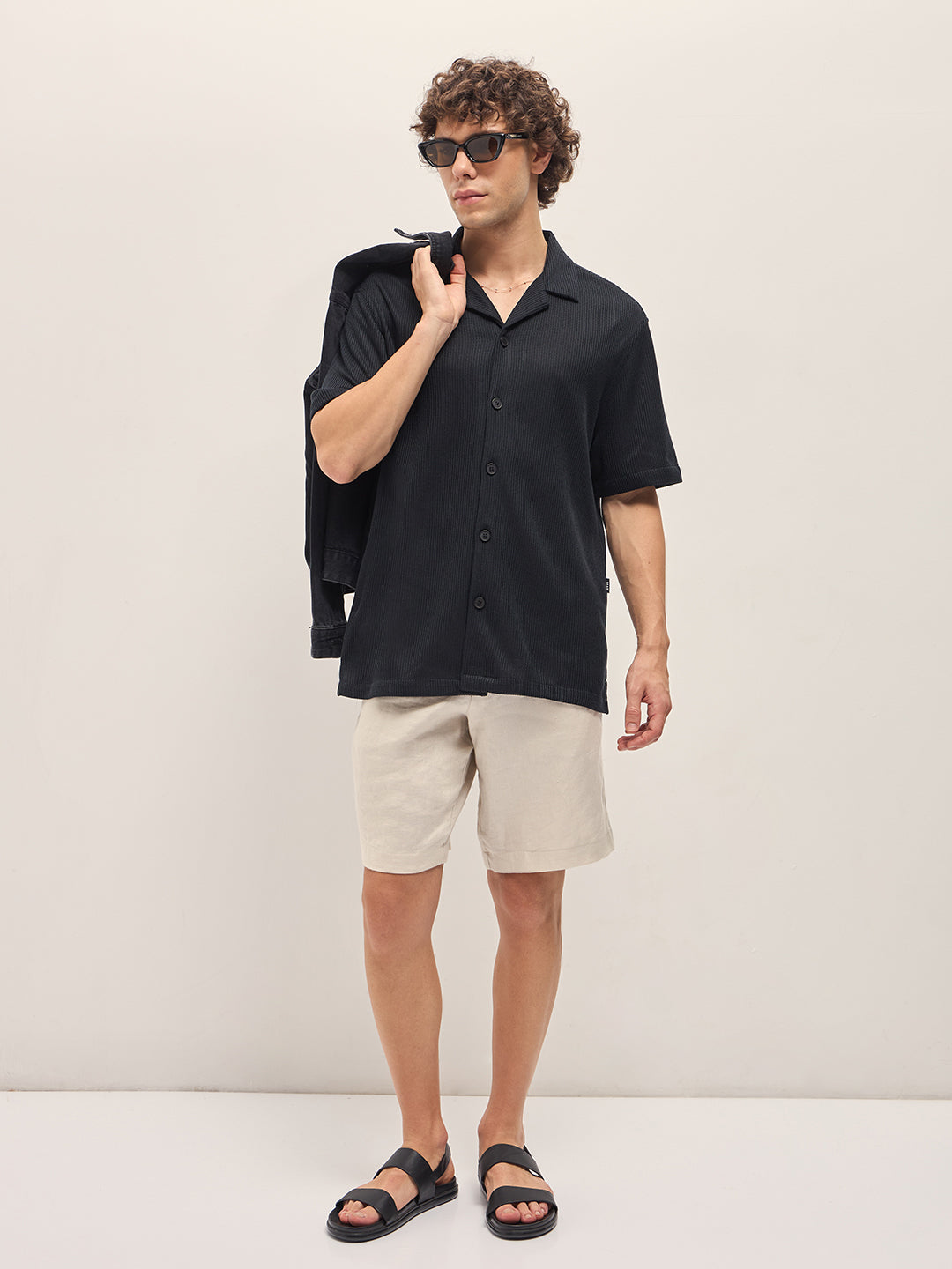 Men's Black Self Design Regular Fit Casual Shirt