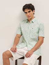 Men's Green Formal Regular Fit Printed Half Sleeves Shirt