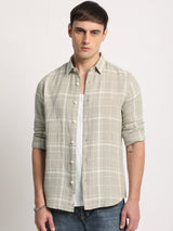 Men's Grey Checked Slim Fit Cotton Casual Shirt