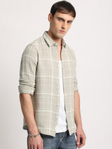Men's Grey Checked Slim Fit Cotton Casual Shirt