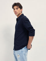 Men's Navy Casual Textured Regular Fit Full Sleeves Shirt