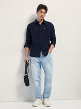 Men's Navy Casual Textured Regular Fit Full Sleeves Shirt