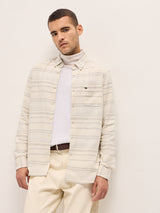 Men's Beige Casual Slim Fit Striped Full Sleeves Shirt