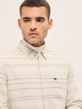 Men's Beige Casual Slim Fit Striped Full Sleeves Shirt