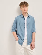 Men's Blue Casual Slim Fit Solid Full Sleeves Shirt