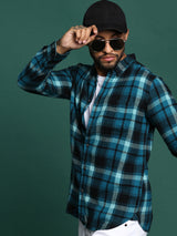 Men's Teal Casual Checked Slim Fit Full Sleeves Shirt