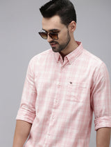 Men's Pink Casual Checked Slim Fit Full Sleeves Shirt