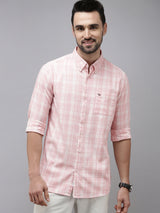 Men's Pink Casual Checked Slim Fit Full Sleeves Shirt