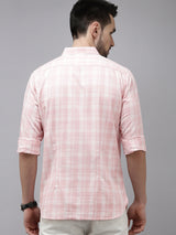 Men's Pink Casual Checked Slim Fit Full Sleeves Shirt