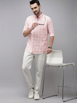 Men's Pink Casual Checked Slim Fit Full Sleeves Shirt