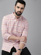 Men's Pink Casual Checked Slim Fit Full Sleeves Shirt