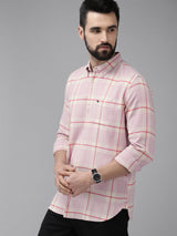 Men's Pink Casual Checked Slim Fit Full Sleeves Shirt