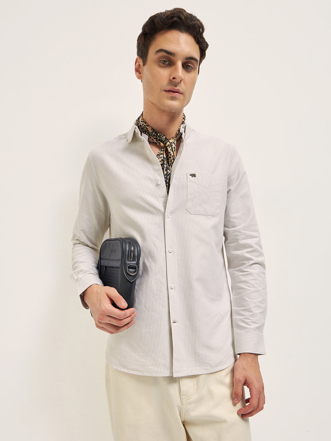 Men's Beige Casual Slim Fit Striped Full Sleeves Shirt