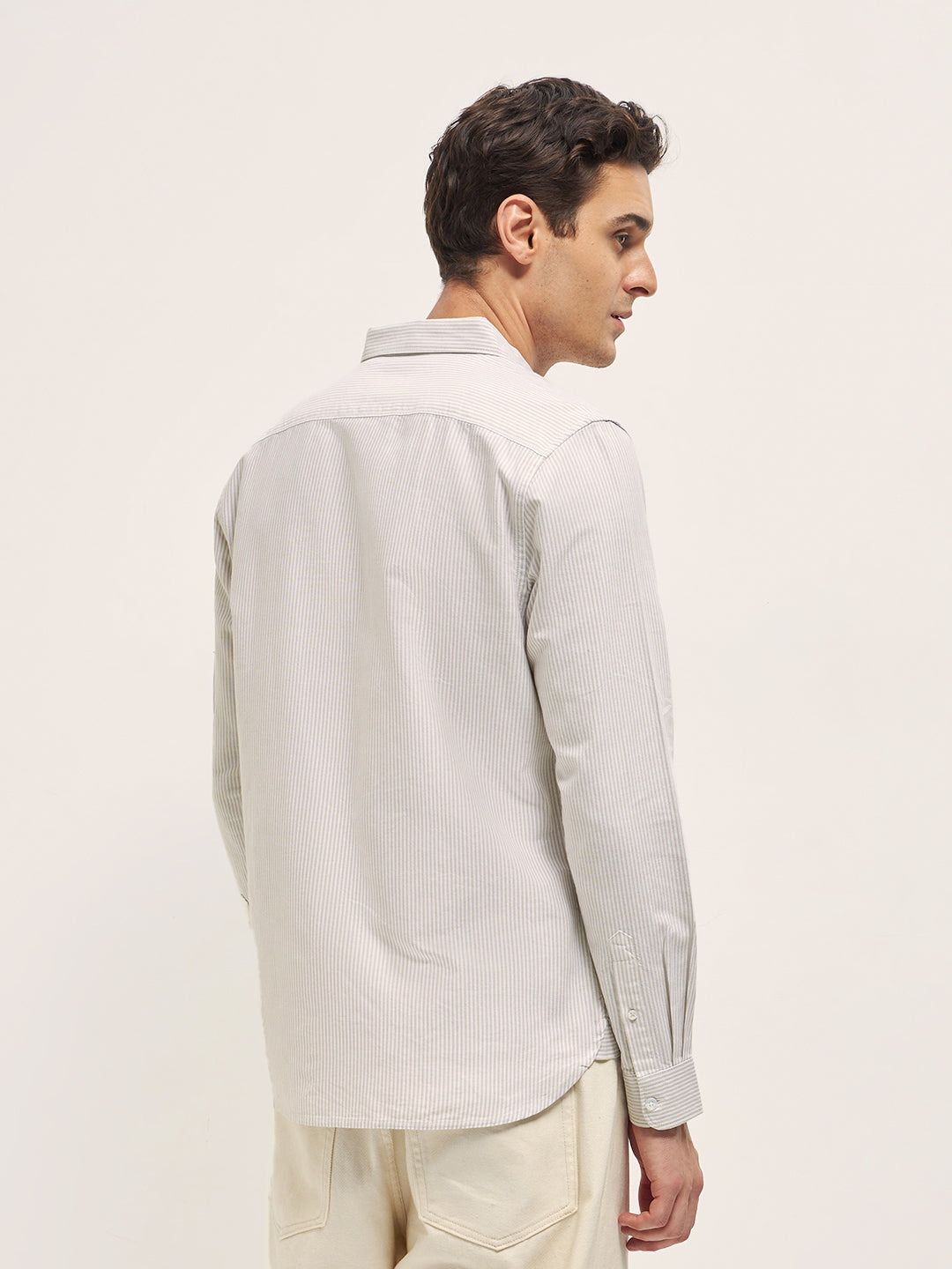 Men's Beige Casual Slim Fit Striped Full Sleeves Shirt