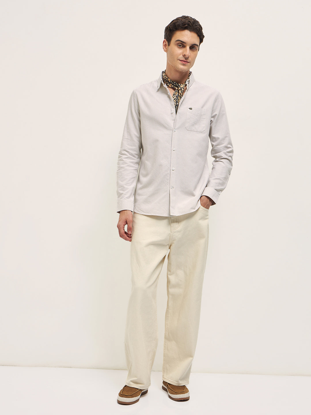 Men's Beige Casual Slim Fit Striped Full Sleeves Shirt