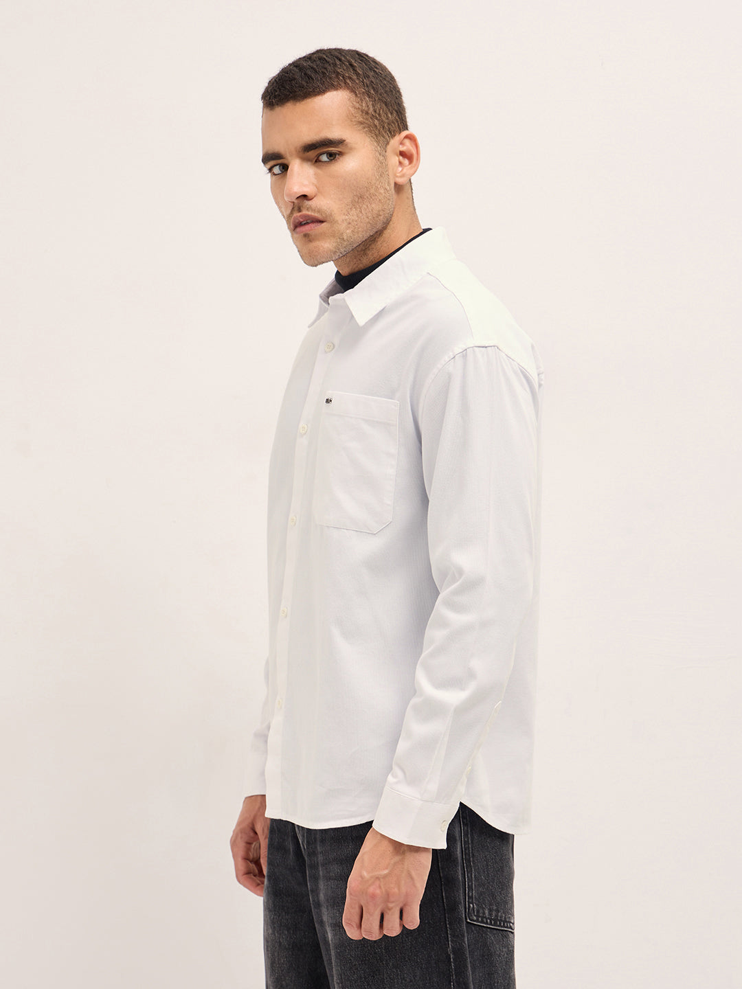 Men's White Casual Regular Fit Solid Full Sleeves Shirt