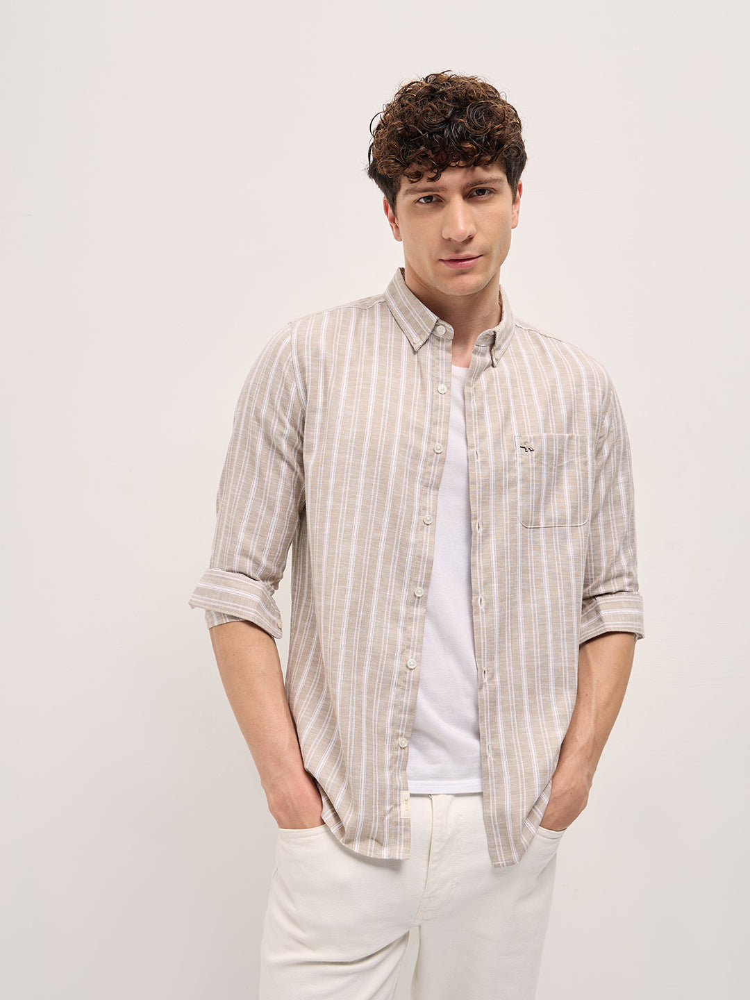 Men's Beige Casual Slim Fit Striped Full Sleeves Shirt