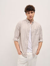 Men's Beige Casual Slim Fit Striped Full Sleeves Shirt