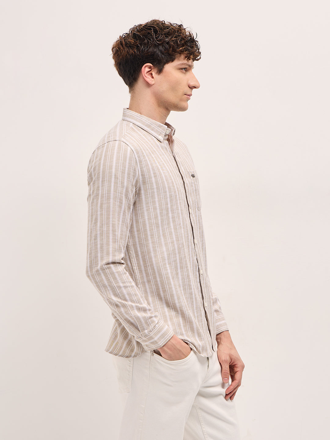 Men's Beige Casual Slim Fit Striped Full Sleeves Shirt