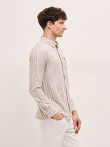 Men's Beige Casual Slim Fit Striped Full Sleeves Shirt