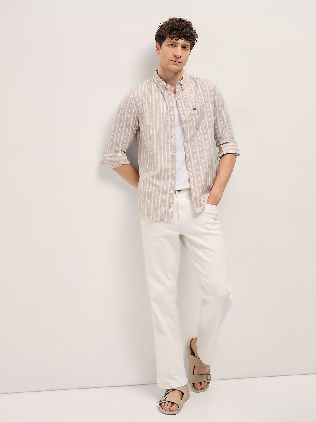 Men's Beige Casual Slim Fit Striped Full Sleeves Shirt
