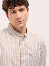 Men's Beige Casual Slim Fit Striped Full Sleeves Shirt