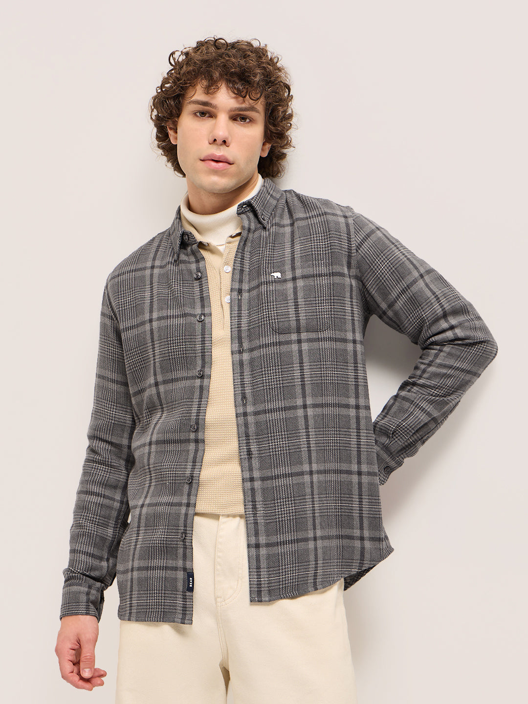 Men's Grey Casual Slim Fit Checked Full Sleeves Shirt