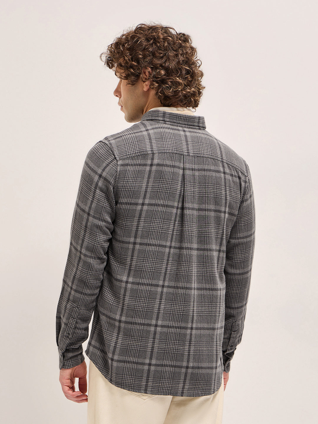 Men's Grey Casual Slim Fit Checked Full Sleeves Shirt