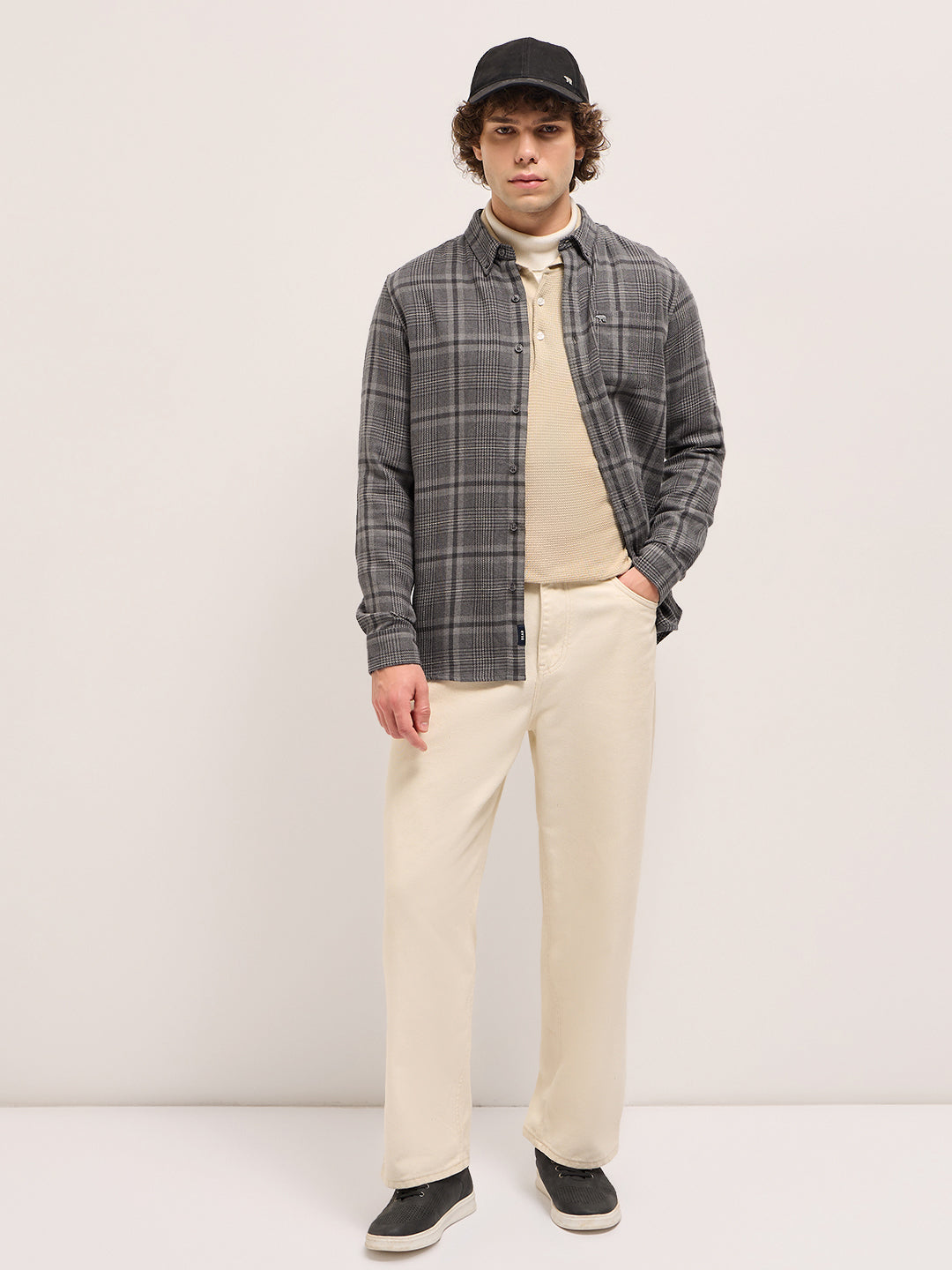 Men's Grey Casual Slim Fit Checked Full Sleeves Shirt