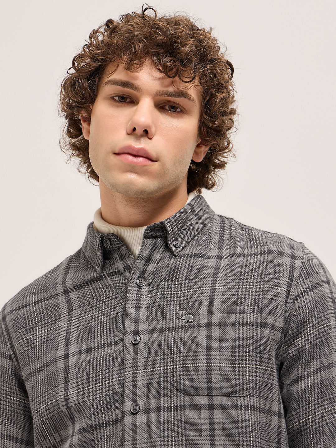 Men's Grey Casual Slim Fit Checked Full Sleeves Shirt
