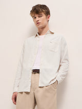 Men's Light Beige with White Vertical Stripe Slim Fit Casual Shirt