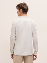 Men's Light Beige with White Vertical Stripe Slim Fit Casual Shirt