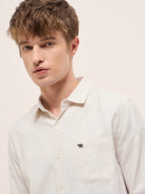 Men's Light Beige with White Vertical Stripe Slim Fit Casual Shirt