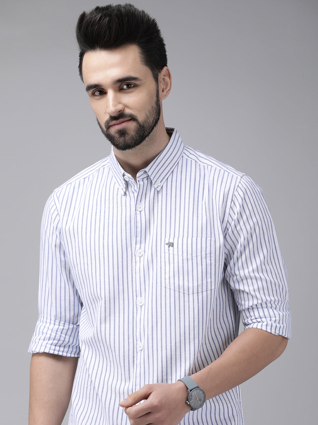 Men's White Casual Striped Button-Down Casual Shirt